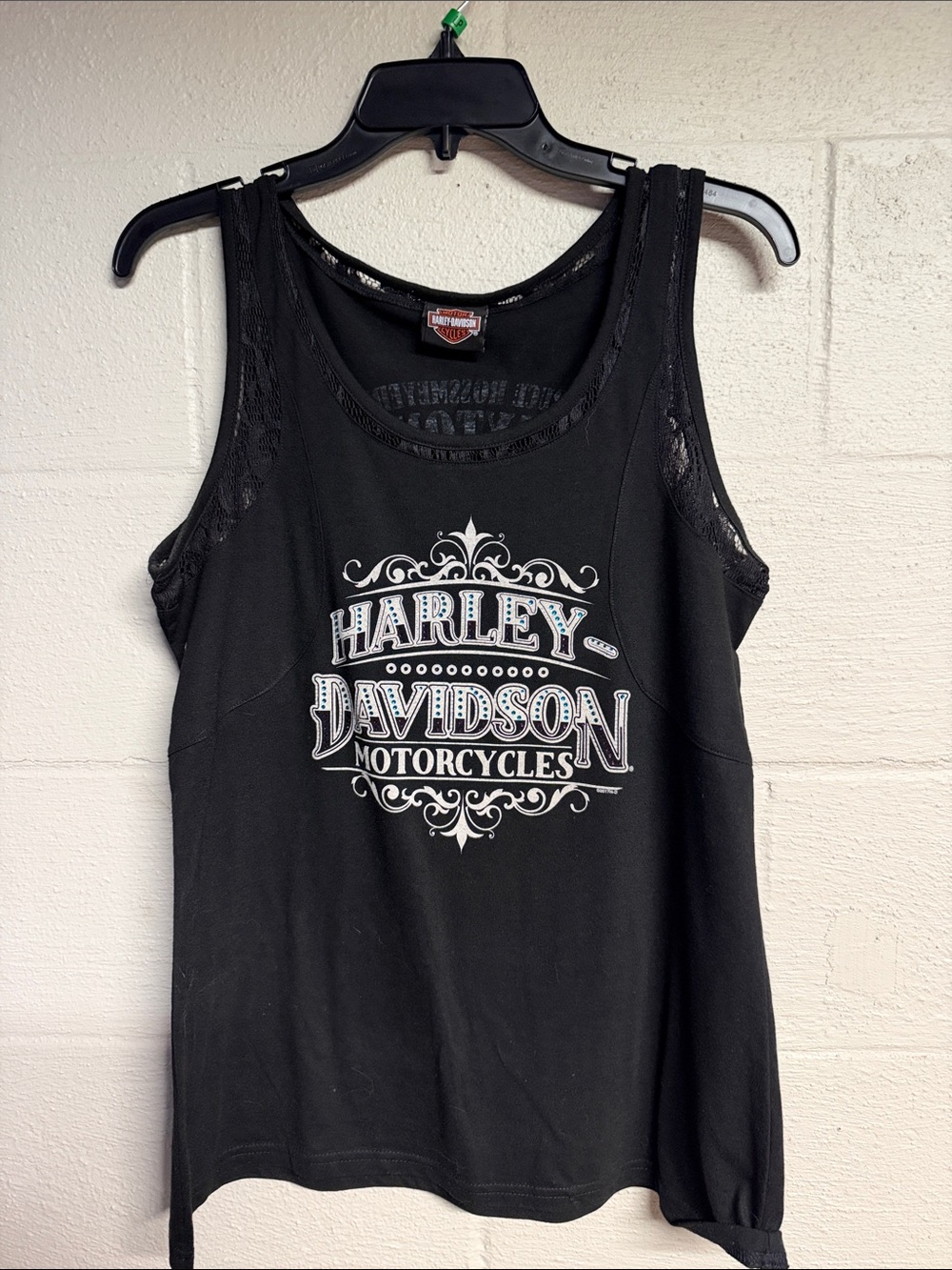 Harley-Davidson Black Tank with White Logo and Lace Trim